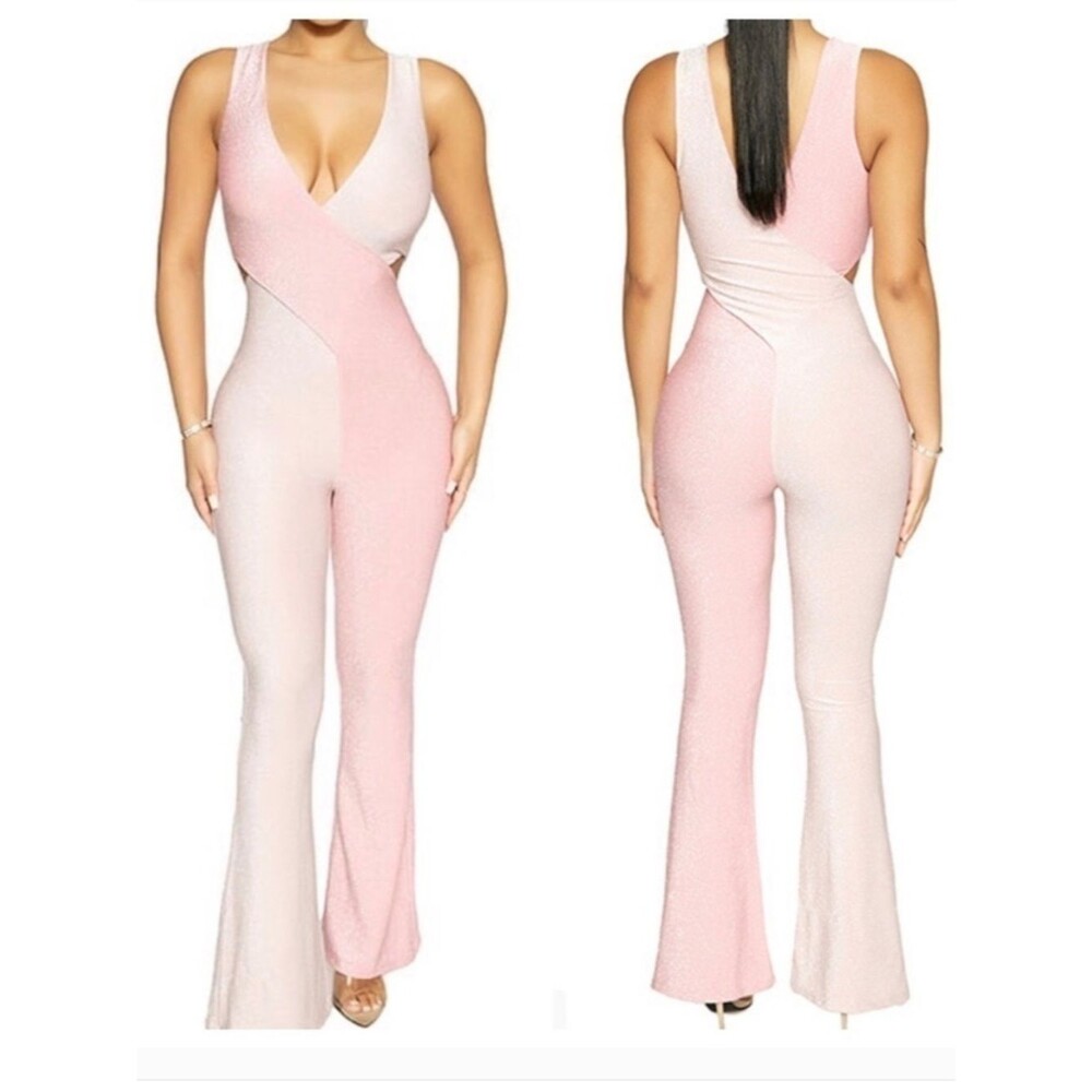 Naked Wardrobe NWT Women Medium Pink Shimmer Two Tone Jumpsuit Night Out Baddie